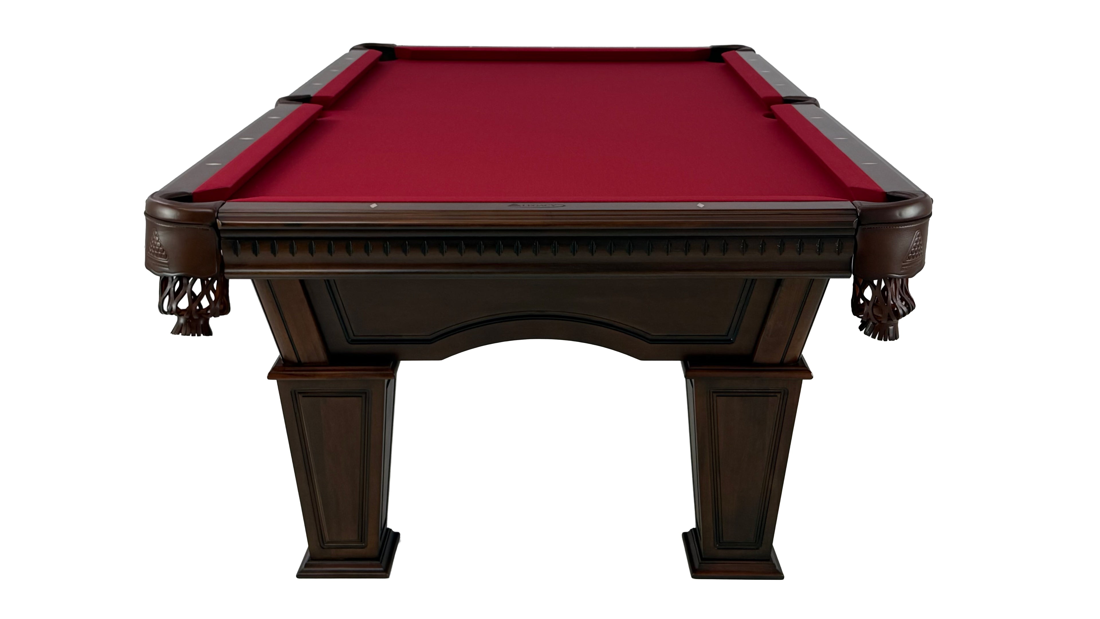 Legacy Billiards Stevie Pool Table in Nutmeg Finish with Burgundy Cloth - End View