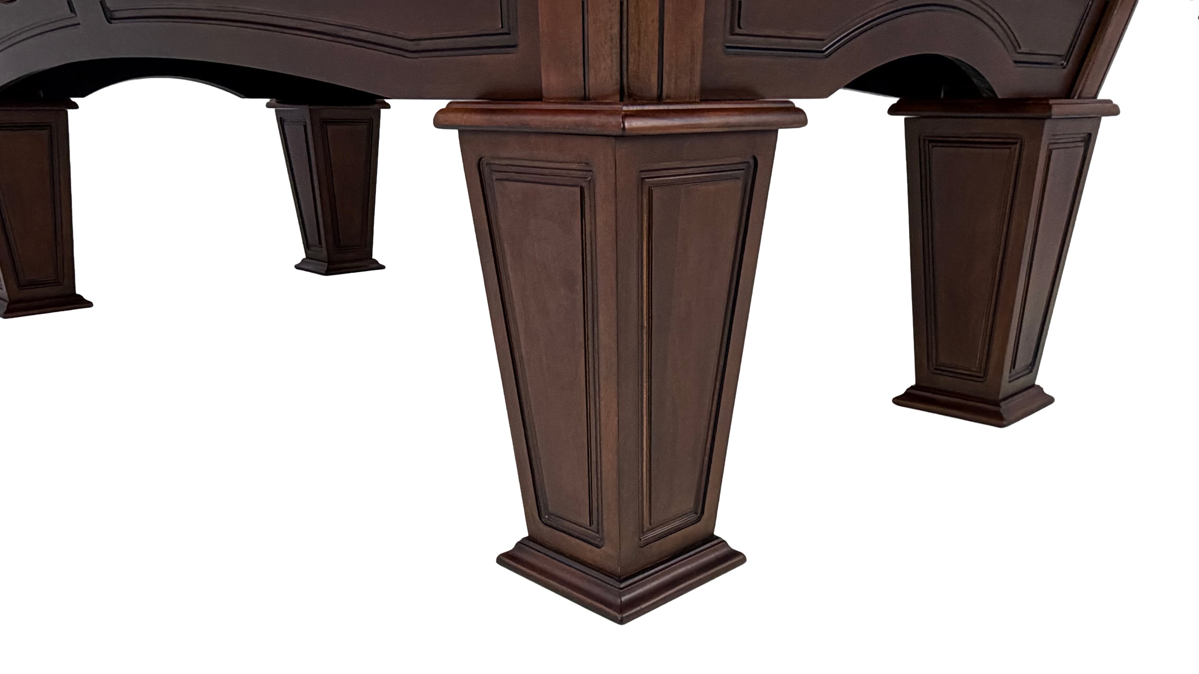 Legacy Billiards Stevie Pool Table in Nutmeg Finish with Burgundy Cloth - Leg Closeup
