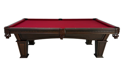 Legacy Billiards Stevie Pool Table in Nutmeg Finish with Burgundy Cloth - Side View