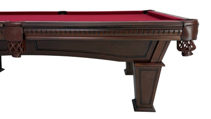 Legacy Billiards Stevie Pool Table in Nutmeg Finish with Burgundy Cloth - Corner Side View