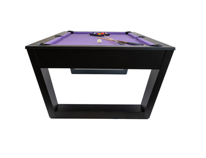 Legacy Billiards Tellico 8 Ft Pool Table in Raven Finish End View with Racked Pool Balls and Cues