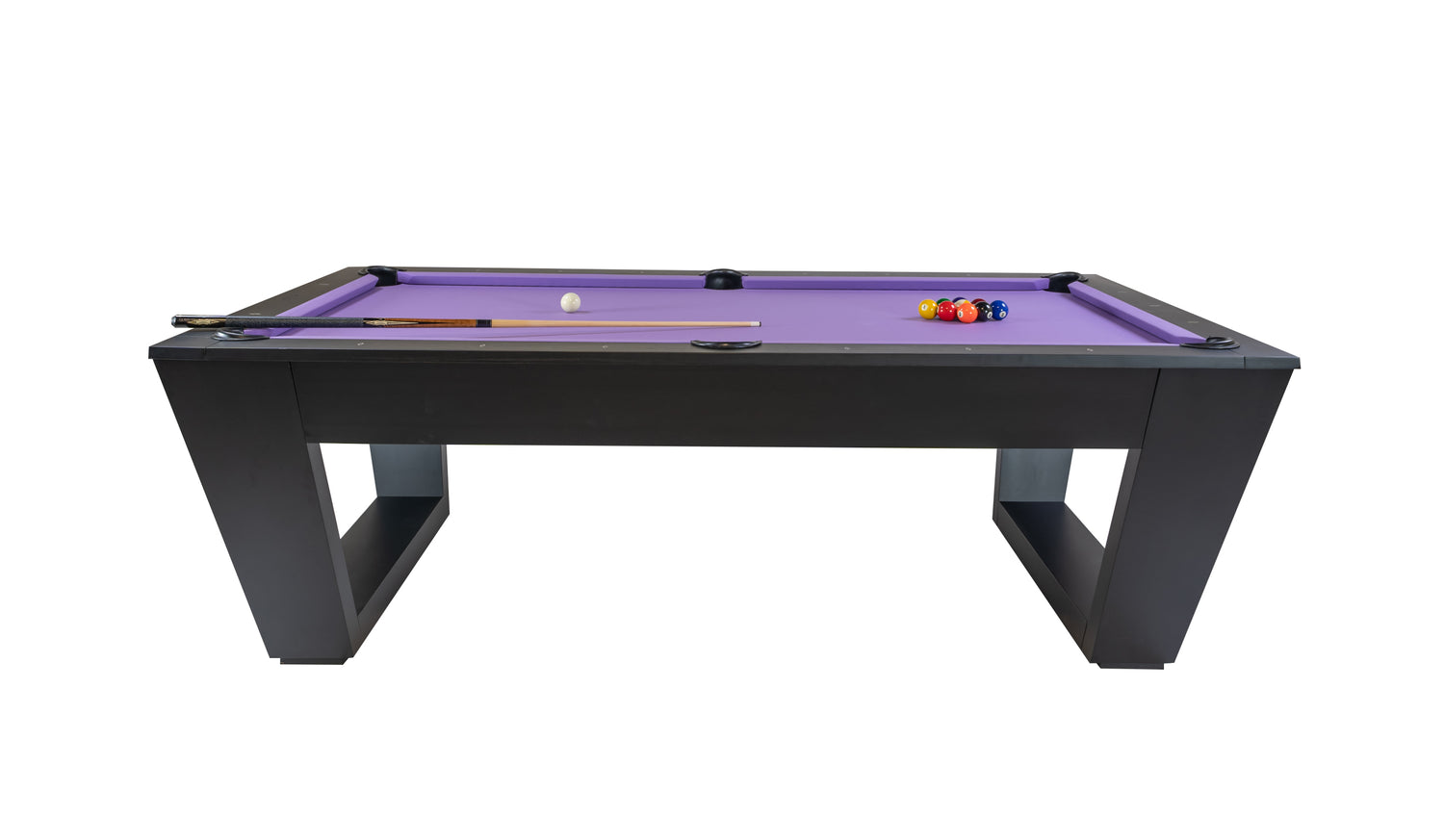 Legacy Billiards Tellico 8 Ft Pool Table in Raven Finish Side View with Racked Pool Balls and Cue