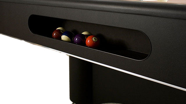 Legacy Billiards Destroyer Pool Table in Raven Finish with Desert Cloth - Ball Box Closeup