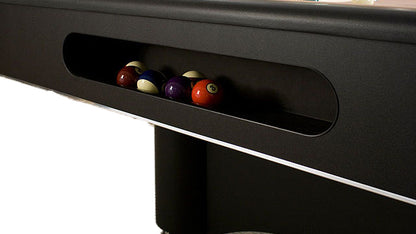 Legacy Billiards Destroyer Pool Table in Raven Finish with Desert Cloth - Ball Box Closeup