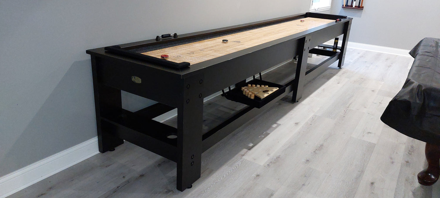 Legacy Billiards The Perfect Drawer Accessories Storage for Shuffleboards Shown on a Clark Shuffleboard