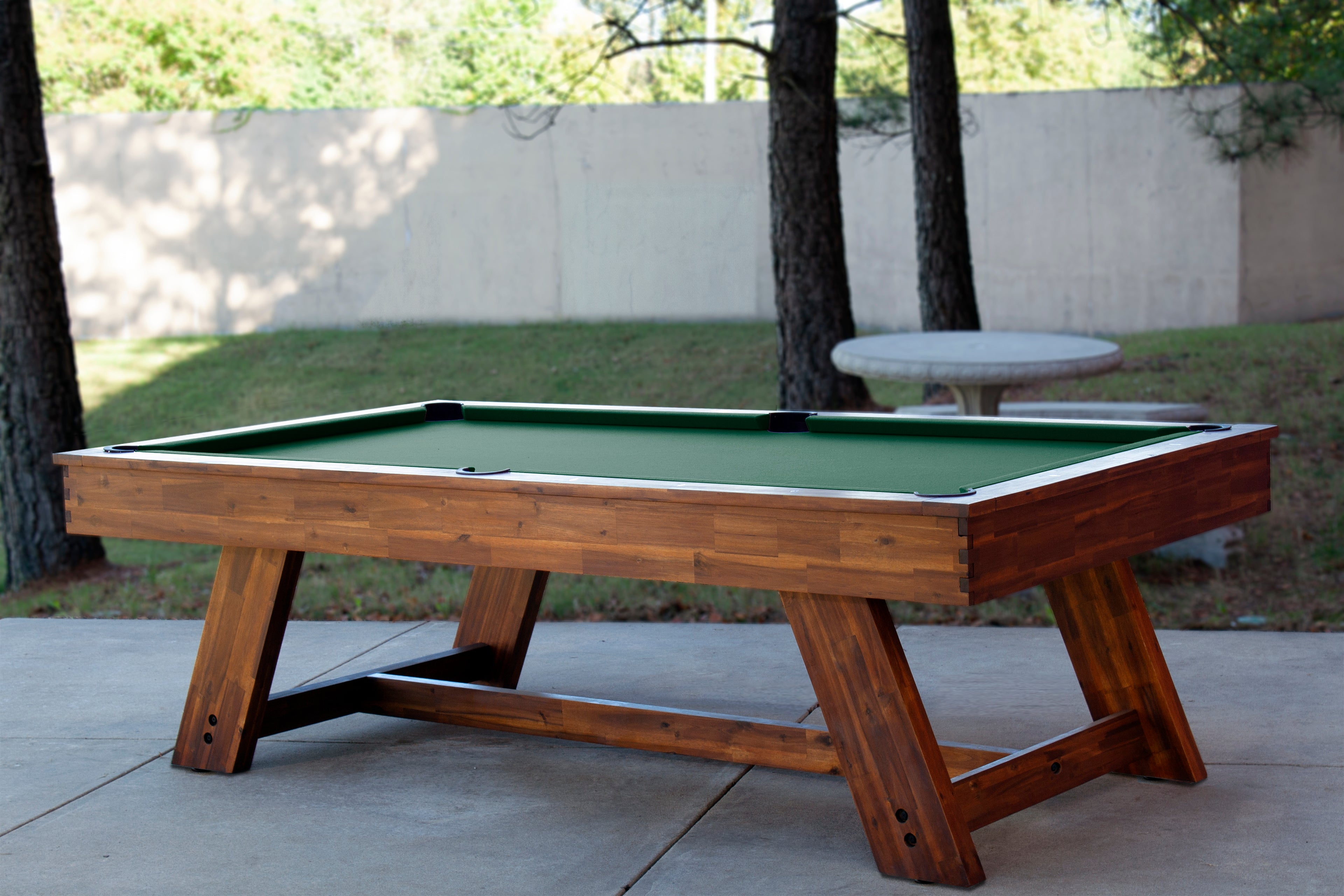 Legacy Billiards 8 Ft Barren Outdoor Pool Table in Natural Acacia Finish Outdoor Setting Image