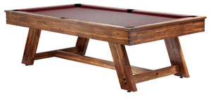 Legacy Billiards 8 Ft Barren Outdoor Pool Table in Natural Acacia Finish with Burgundy Outdoor Cloth