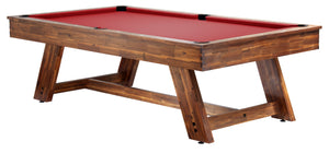 Legacy Billiards 8 Ft Barren Outdoor Pool Table in Natural Acacia Finish with Jockey Red Outdoor Cloth