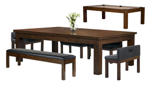Legacy Billiards Baylor II Pool Table Dining Collection with Dining Top and Seating in Nutmeg Finish with Desert Cloth