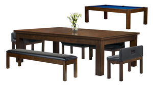 Legacy Billiards Baylor II Pool Table Dining Collection with Dining Top and Seating in Nutmeg Finish with Euro Blue Cloth