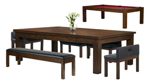 Legacy Billiards Baylor II Pool Table Dining Collection with Dining Top and Seating in Nutmeg Finish with Legacy Red Cloth