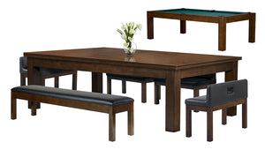 Legacy Billiards Baylor II Pool Table Dining Collection with Dining Top and Seating in Nutmeg Finish with Traditional Green Cloth