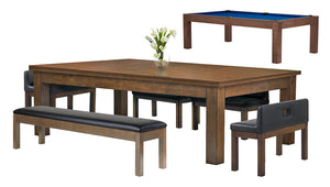 Legacy Billiards Baylor II Pool Table Dining Collection with Dining Top and Seating in Walnut Finish with Euro Blue Cloth