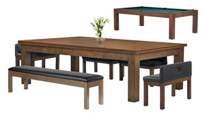 Legacy Billiards Baylor II Pool Table Dining Collection with Dining Top and Seating in Walnut Finish with Traditional Green Cloth