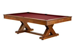 Legacy Billiards 8 Ft Cumberland Outdoor Pool Table in Natural Acacia Finish with Burgundy Outdoor Cloth