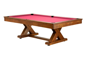 Legacy Billiards 8 Ft Cumberland Outdoor Pool Table in Natural Acacia Finish with Hot Pink Outdoor Cloth