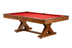 Legacy Billiards 7 Ft Cumberland Outdoor Pool Table in Natural Acacia Finish with Jockey Red Outdoor Cloth