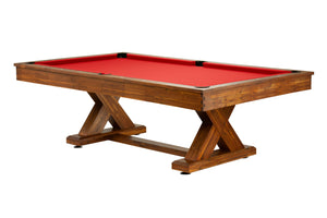 Legacy Billiards 8 Ft Cumberland Outdoor Pool Table in Natural Acacia Finish with Jockey Red Outdoor Cloth