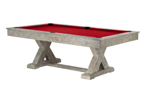 Legacy Billiards 8 Ft Cumberland Outdoor Pool Table in Ash Grey Finish with Jockey Red Outdoor Cloth