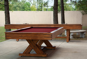Legacy Billiards 7 Ft Cumberland Outdoor Pool Table in Natural Acacia Finish and Emory Outdoor Shuffleboard