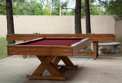 Legacy Billiards 8 Ft Cumberland Outdoor Pool Table in Natural Acacia Finish and Emory Outdoor Shuffleboard