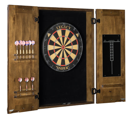 Legacy Billiards Harpeth Rustic Dartboard Cabinet Open with Steel Tip Dartboard and Darts