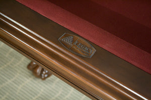 Closeup of the Name Plate on a Legacy Billiards 7 Ft Mallory Pool Table
