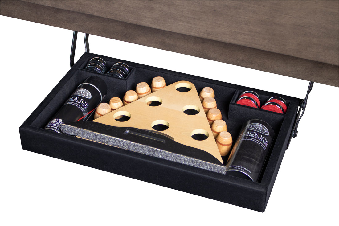 Legacy Billiards The Perfect Drawer Accessories Storage for Shuffleboards With Bowling Pins and Pucks and Wax and Silicone Spray