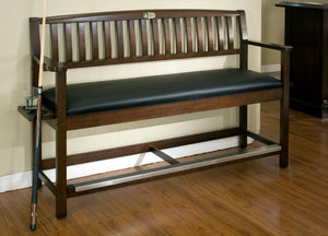 Legacy Billiards Classic Backed Storage Bench Closed Room Shot with Cue and Drink