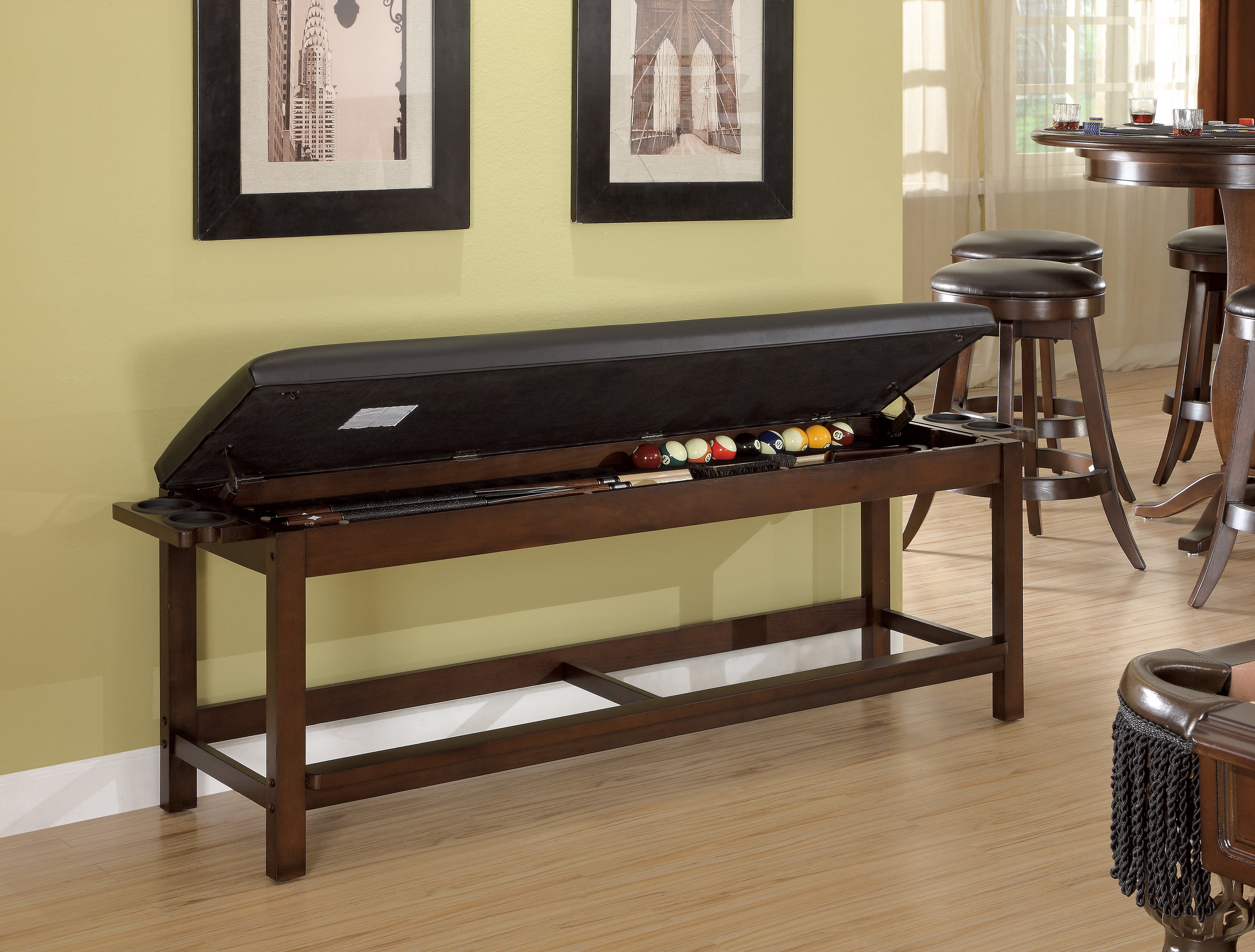 Legacy Billiards Classic Backless Storage Bench Open with Balls and Cues Room Shot