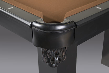 Closeup of Legacy Billiards Colt pool table rail, pocket and leg in Raven finish