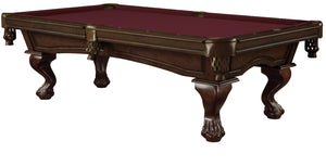 Legacy Billiards 8 Ft Megan Pool Table in Nutmeg Finish with Burgundy Cloth