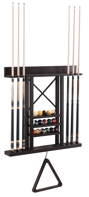 Legacy Billiards Harpeth Wall Cue Rack in Whiskey Barrel Finish with Pool Cues and Balls